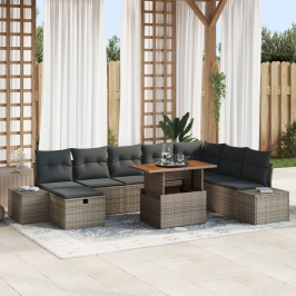 Conjunto de Comedor de Jardín de 9 Piezas con Cojines Gris de Ratán Poliéster