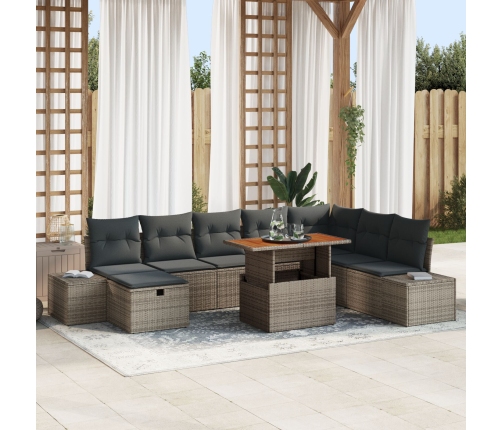 Conjunto de Comedor de Jardín de 9 Piezas con Cojines Gris de Ratán Poliéster