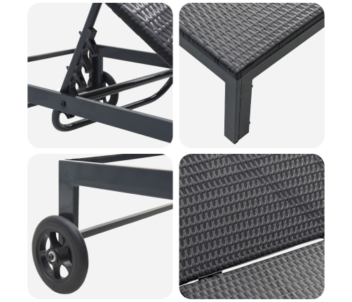 Tumbonas  2 pcs con ruedas y mesa negro de poliratán