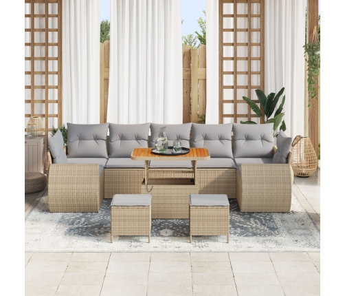 Conjunto de Sofá de Jardín de 10 Piezas con Cojines Beige Rattan Poliéster Acacia,  Conjunto de Comedor de Jardín de 3 Piezas con Cojines Beige Rattan Poliéster Acacia