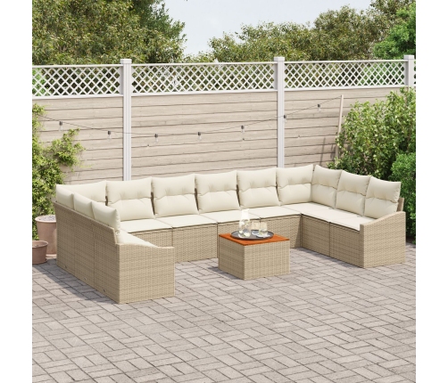 Juego de Sofá de Jardín de 11 Piezas con Cojines Beige Poliratán Acacia