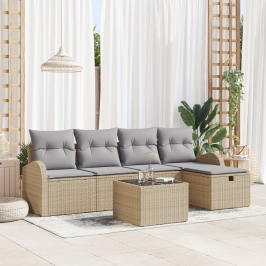 Conjunto de Sofás de Jardín  de 6 Piezas con Cojines Beige de Rattan de Polietileno