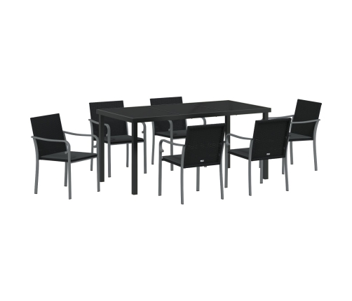 Juego de comedor de jardín de 7 piezas con cojines de poliratán negro