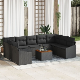 Set de Sofá de Jardín  de 10 piezas con Cojines Negro Poliratán Acacia
