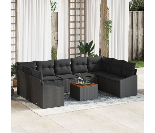 Set de Sofá de Jardín  de 10 piezas con Cojines Negro Poliratán Acacia