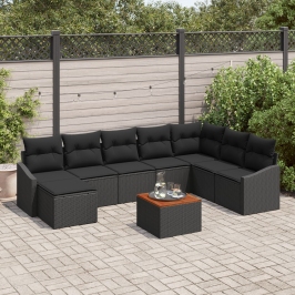 Conjunto de Sofá de Jardín de 9 Piezas con Cojines  Negro Poliratán Acacia