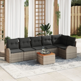 Conjunto de Sofá de Jardín de 7 Piezas con Cojines Gris Poli Ratán Acacia