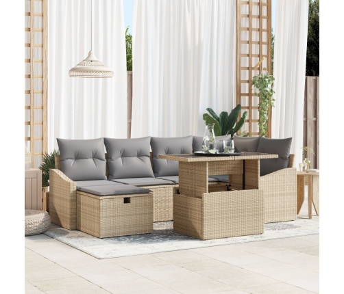 Conjunto de Sofá de Jardín de 7 Piezas con Cojines Beige de Poliratán