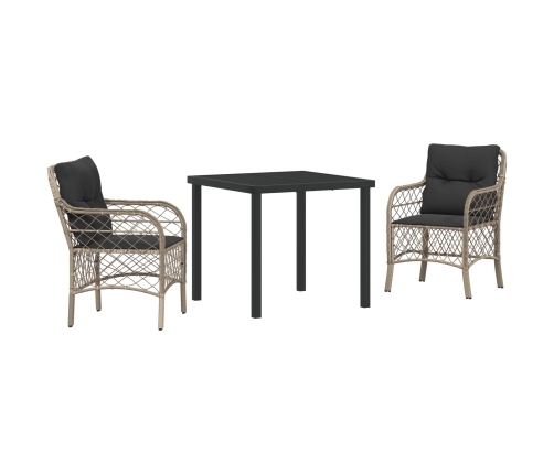 Set de Comedor de Jardín de 3 Piezas con Cojines Ratán Poliéster Gris Claro