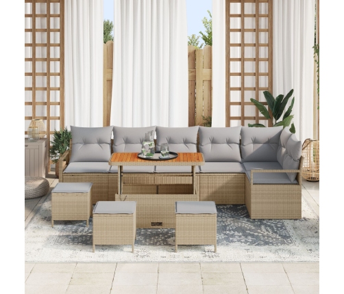 Conjunto de Sofás de Jardín de 10 Piezas con Cojines Beige Poliratán Acacia, Sofá de Jardín de 2 Plazas con Almacenamiento y Cojines Beige Poliratán, Conjunto de Comedor de Jardín de 4 Piezas con Cojines Beige Poliratán Acacia