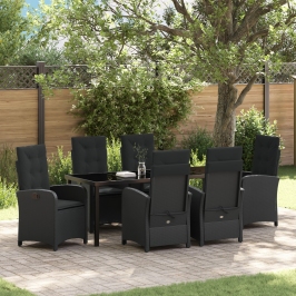 Set de comedor de jardín de 7 piezas con cojines - Poliratán negro