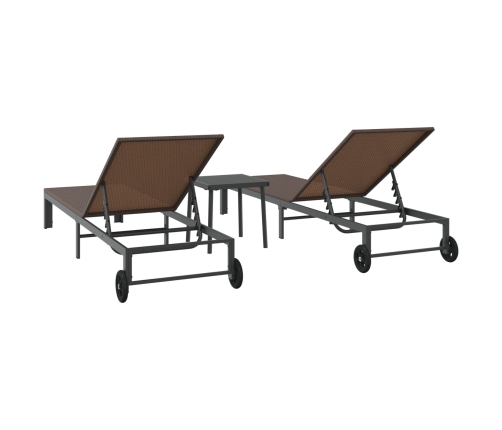 Tumbonas  2 pcs con Ruedas y Mesa Marrón Poliratán