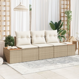 set de sofá de jardín de 3 piezas con cojines Beige Ratán Duradero