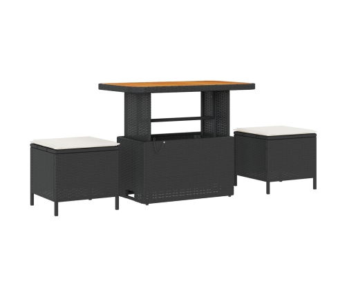 Set de Comedor de Jardín de 3 Piezas con Cojines Negro de Poliratán y Acacia