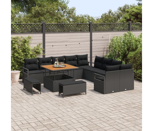 Set de Sofá de Jardín  de 13 Piezas con Cojines Negro Poliratán Acacia, Sofá de Jardín de 2 Plazas con Almacenamiento y Cojines Negro Poliratán, Set de Comedor de Jardín de 3 Piezas con Cojines Negro Poliratán Acacia