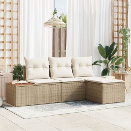 Juego de Sofá de Jardín de 4 Piezas con Cojines Beige de Poliratán de Acacia