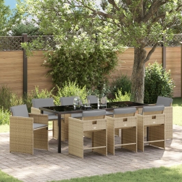 Set de comedor de jardín  de 9 piezas con cojines de poliratán beige