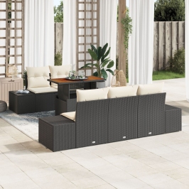 Juego de Comedor de Jardín de 6 Piezas con Cojines Negro Poliratán Acacia