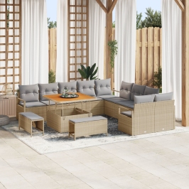 Juego de Sofá de Jardín de 13 Piezas con Cojines Beige Ratán Poliéster Acacia,  Sofá de Jardín de 2 Plazas con Almacenamiento y Cojines Beige Ratán Poliéster,  Juego de Comedor de Jardín de 3 Piezas con Cojines Beige Ratán Poliéster Acacia