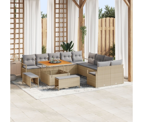 Juego de Sofá de Jardín de 13 Piezas con Cojines Beige Ratán Poliéster Acacia,  Sofá de Jardín de 2 Plazas con Almacenamiento y Cojines Beige Ratán Poliéster,  Juego de Comedor de Jardín de 3 Piezas con Cojines Beige Ratán Poliéster Acacia