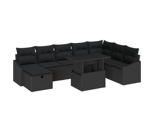 Set de Sofá de Jardín de 9 Piezas con Cojines Negro Ratán Poliéster