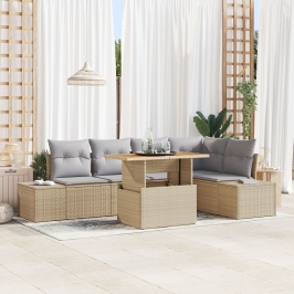 Set de 6 piezas de comedor de jardín con cojines beige Poliratán Acacia
