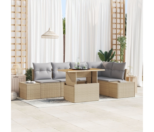 Set de 6 piezas de comedor de jardín con cojines beige Poliratán Acacia