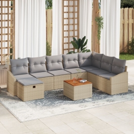 Conjunto de Sofá de Jardín de 9 Piezas con Cojines de Ratán Poliéster Beige