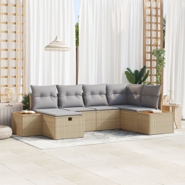 Juego de Sofá de Jardín de 6 Piezas con Cojines Beige de Rattan Poliéster