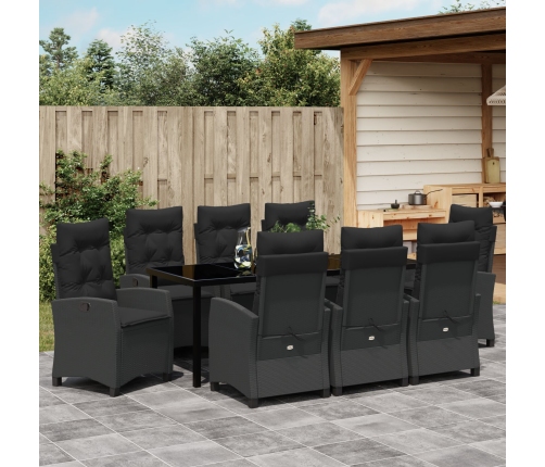 Conjunto de Comedor de Jardín de  de 9 Piezas con Cojines, Rattan Poliéster Negro