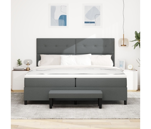 Cama con somier de  con colchón y banco gris oscuro 200x200 cm tela