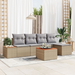 Conjunto de Sofá de Jardín de 6 Piezas con Cojines Beige Ratán de Poli Acacia