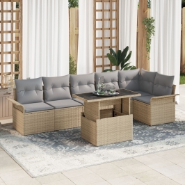 Conjunto de Sofá Jardín  de 7 Piezas con Cojines Beige de Ratán Poliéster