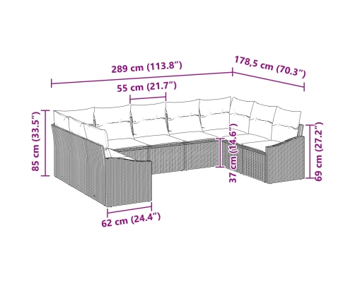 Set de Sofás de Jardín  de 9 Piezas con Cojines Beige Ratán Poliéster