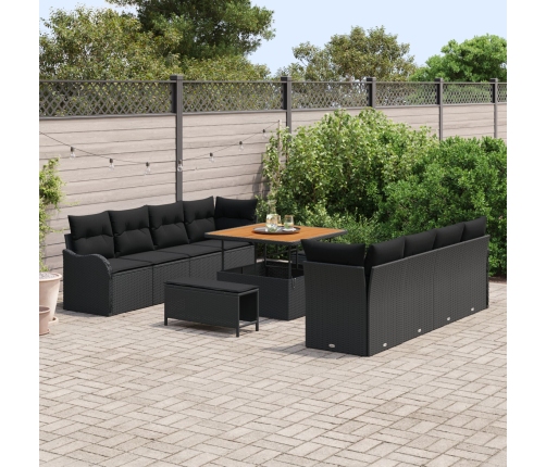 Set de Sofá de Jardín de 11 Piezas con Cojines Negro Poliratán Acacia,  Sofá de Jardín de 2 Personas con Cojines Negro Poliratán,  Set de Comedor de Jardín de 3 Piezas con Cojines Negro Poliratán Acacia