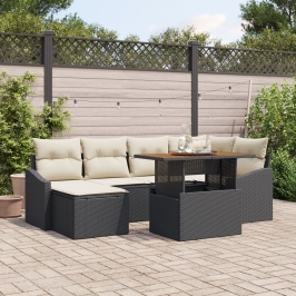 Conjunto de Comedor de Jardín de 7 Piezas con Cojines en Negro Poliratán Acacia
