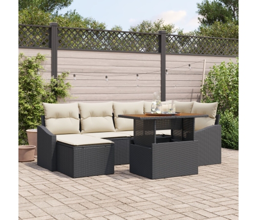 Conjunto de Comedor de Jardín de 7 Piezas con Cojines en Negro Poliratán Acacia