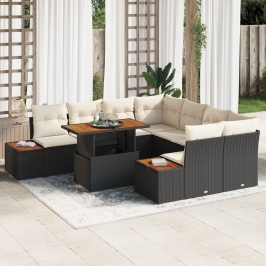 Conjunto de 9 Piezas de Comedor de Jardín con Cojines Negro Poliratán Acacia