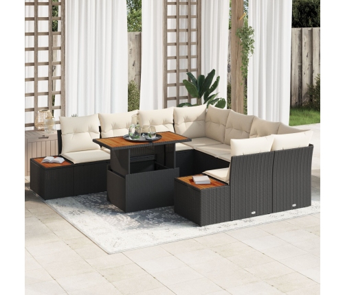 Conjunto de 9 Piezas de Comedor de Jardín con Cojines Negro Poliratán Acacia