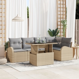 conjunto de sofá de jardín de 6 piezas con cojines beige de ratán sintético